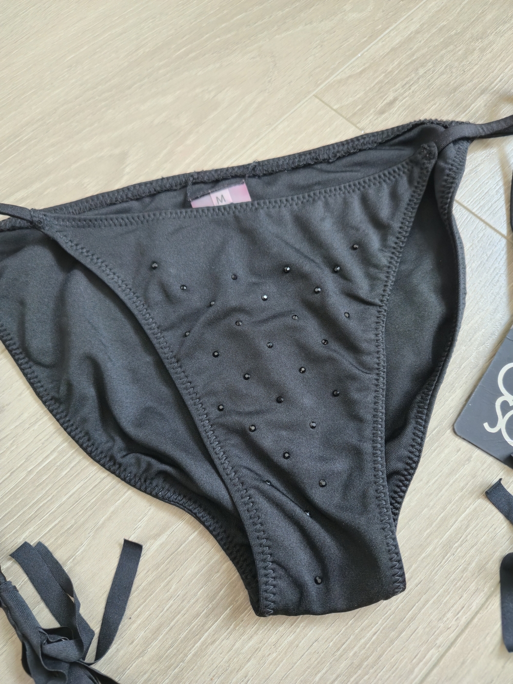 NWT CHASER Black Tie-Side Bikini Bottom with Rinestone Size M